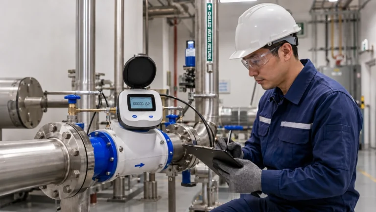 Engineer inspecting a commercial water meter system inside an industrial facility
