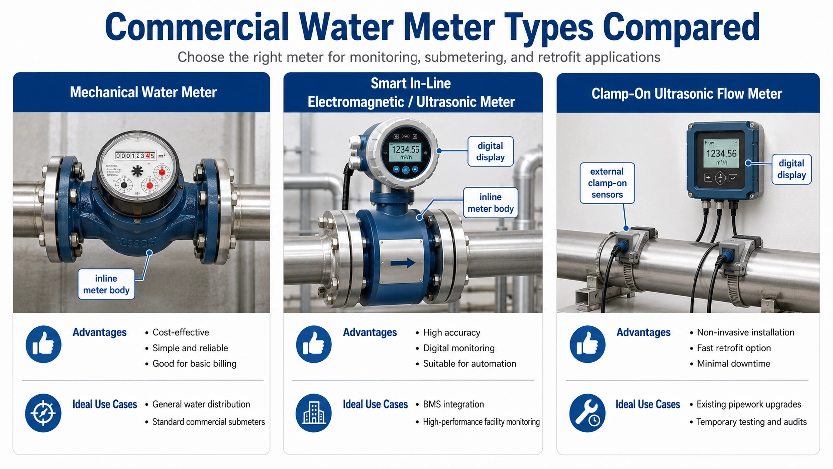 Comparison of mechanical, smart in-line, and clamp-on commercial water meters