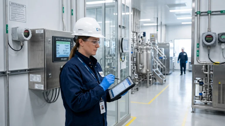 Engineer inspecting an industrial gas detection control panel during a system upgrade review