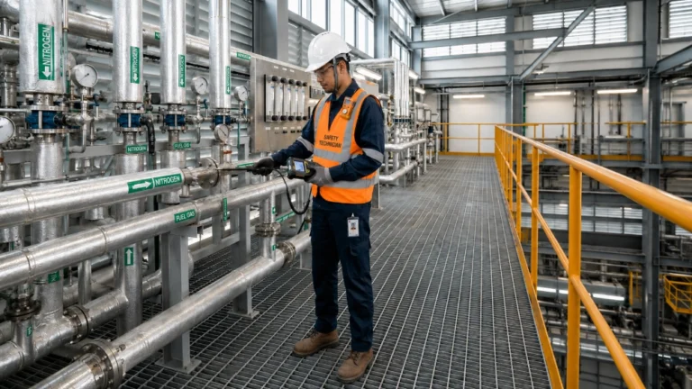 Worker using gas detection equipment at an industrial worksite