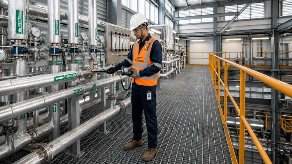 Worker using gas detection equipment at an industrial worksite