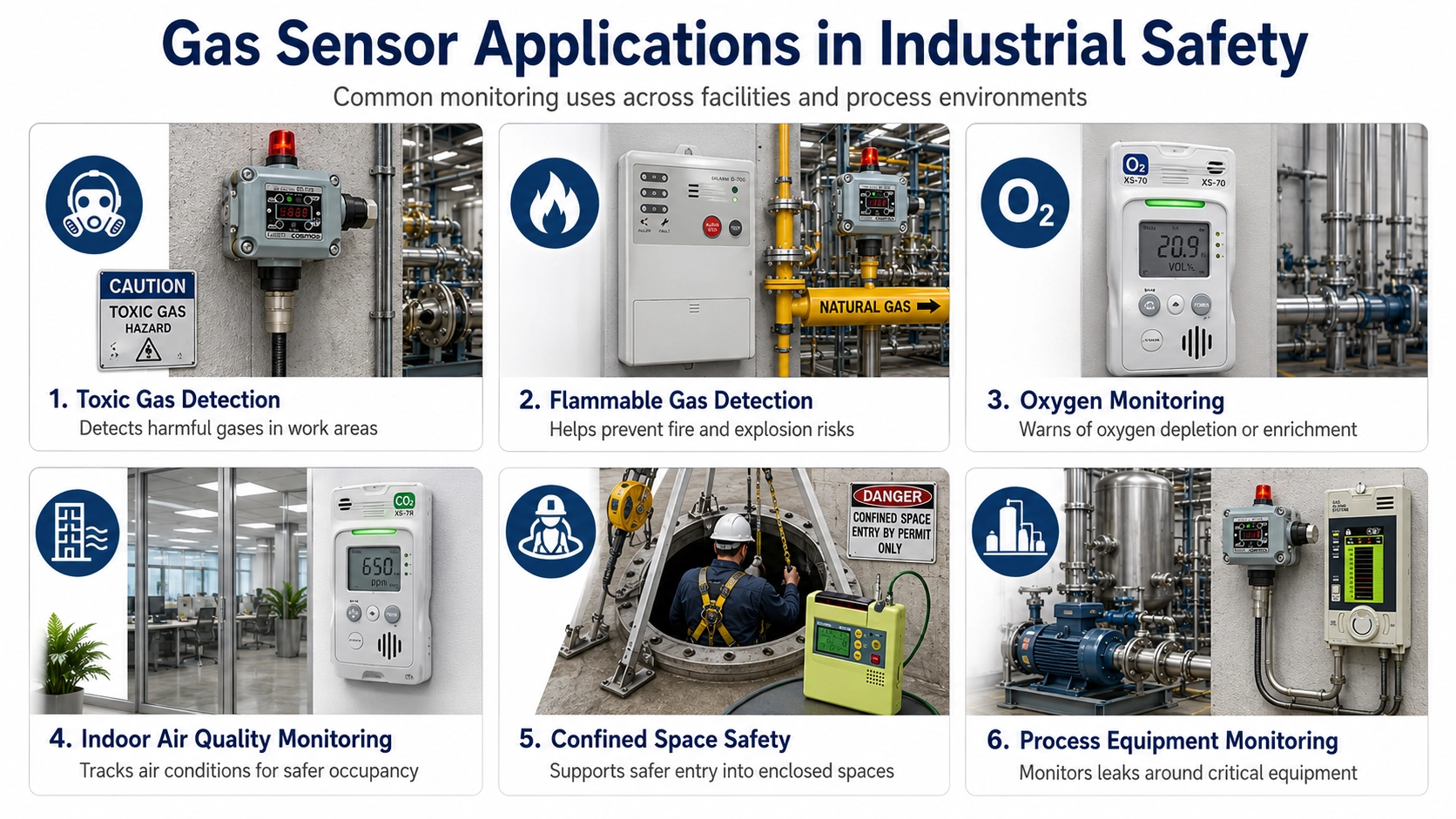 Diagram showing major gas sensor applications in industrial safety