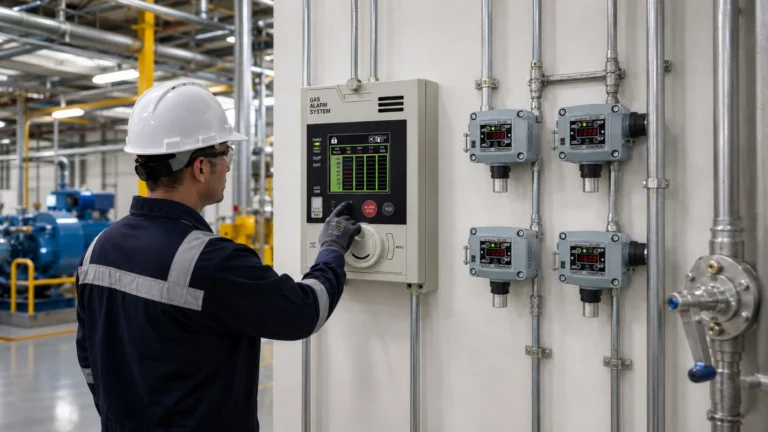 Engineer inspecting a fixed gas detection system in an industrial facility