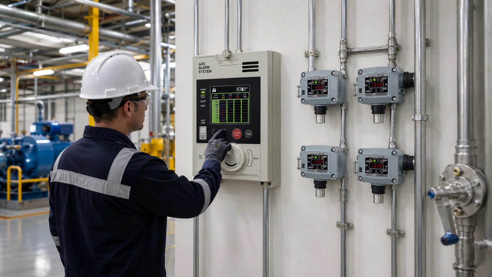 Engineer inspecting a fixed gas detection system in an industrial facility
